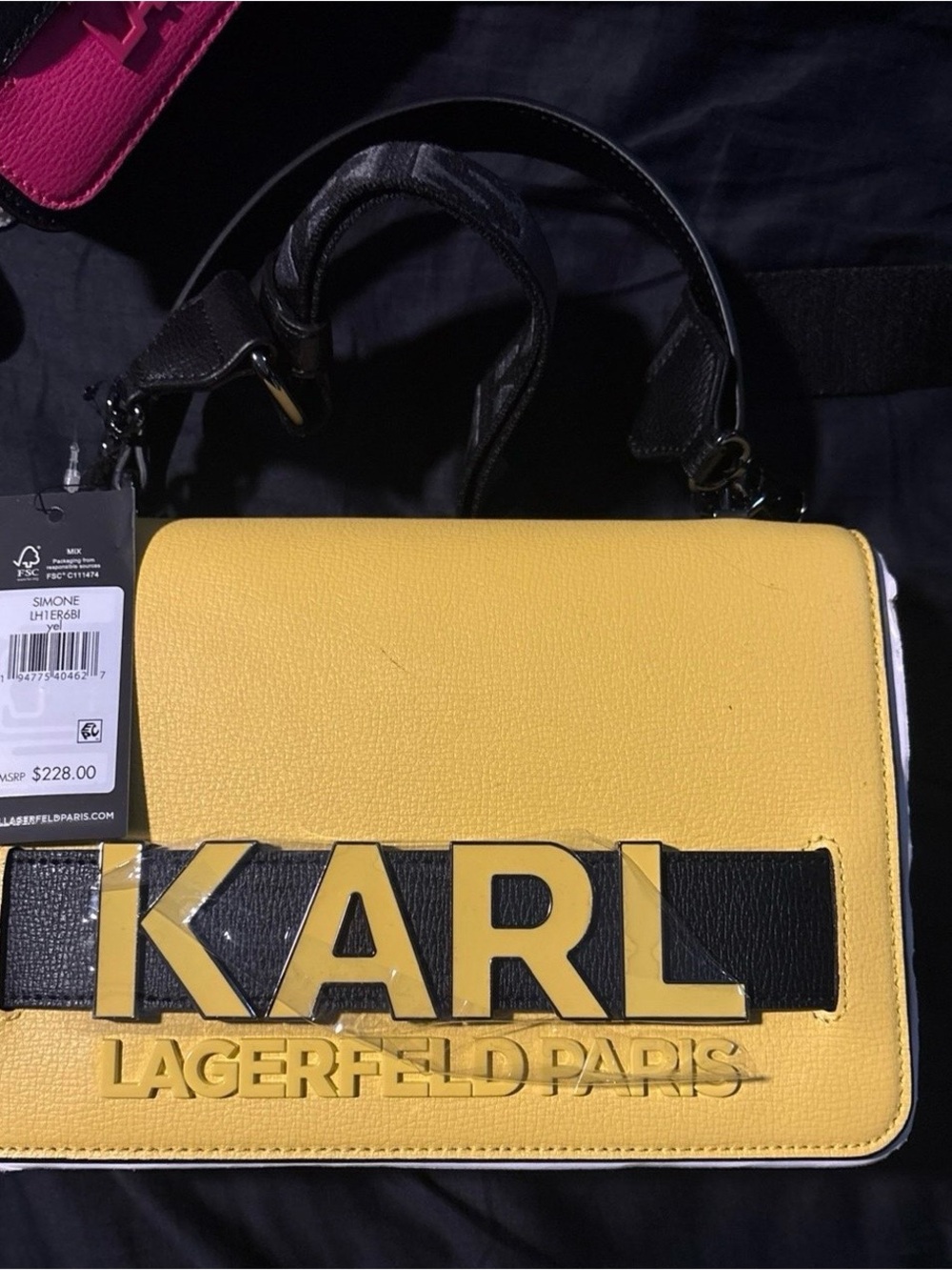 Karl Lagerfeld Yellow and Black Simone Logo Top Handle Bag